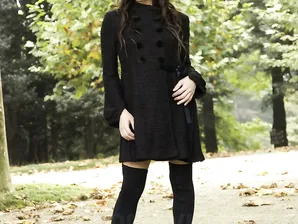 Fully clothed Japanese teen models in the park in black clothes and stockings