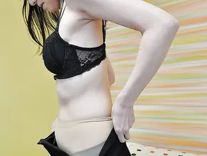 Shy asian MILF with perky tits undressing and exposing her juicy slit