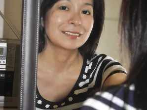 Petite Japanese granny Akiko Oda strips and shows her bushy wet beaver