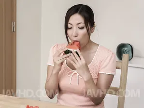 Japanese MILF Mirei Yokoyama eats watermelon before licking a cock